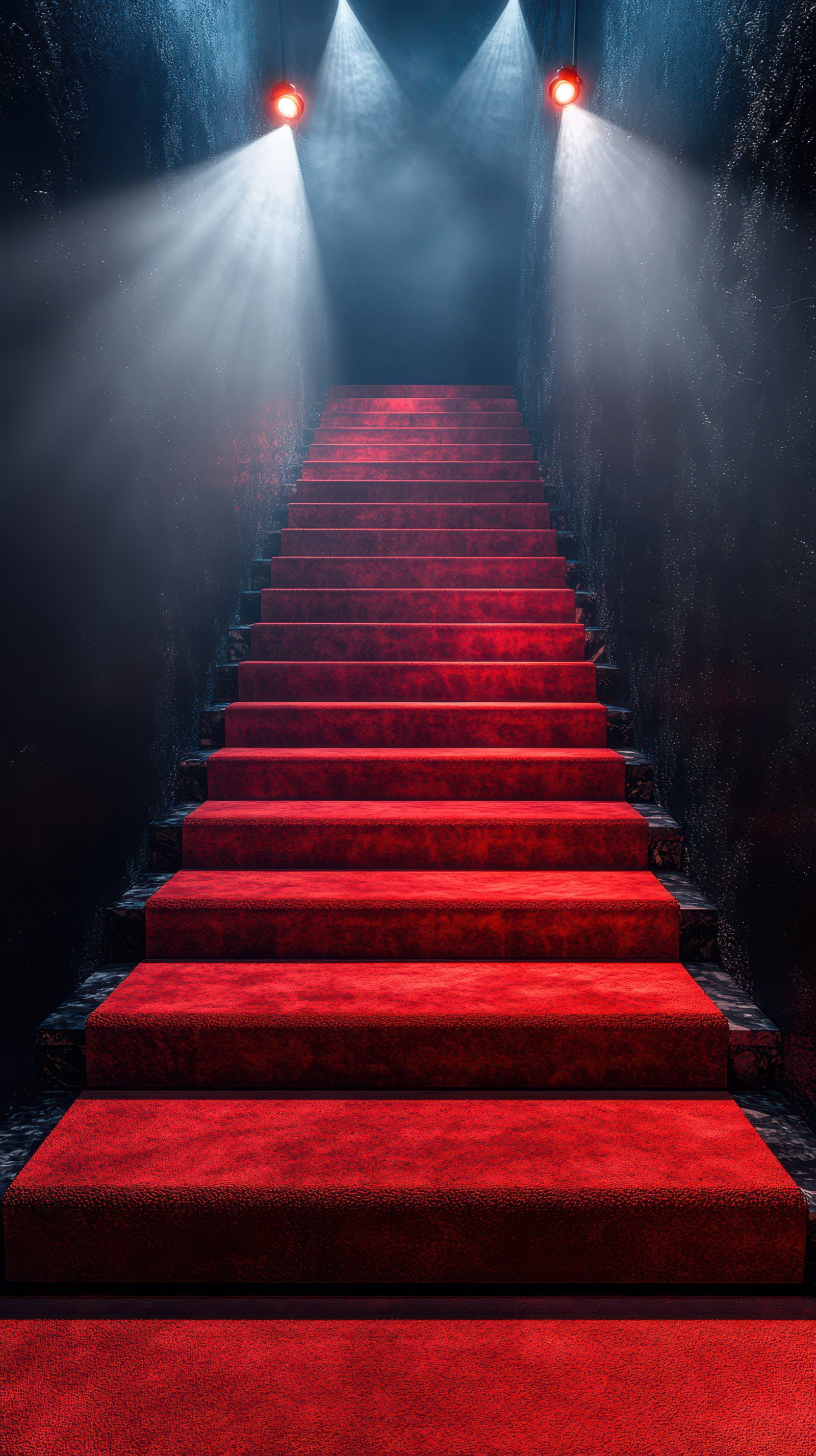 Red carpet staircase illuminated by dramatic lighting in a dark venue